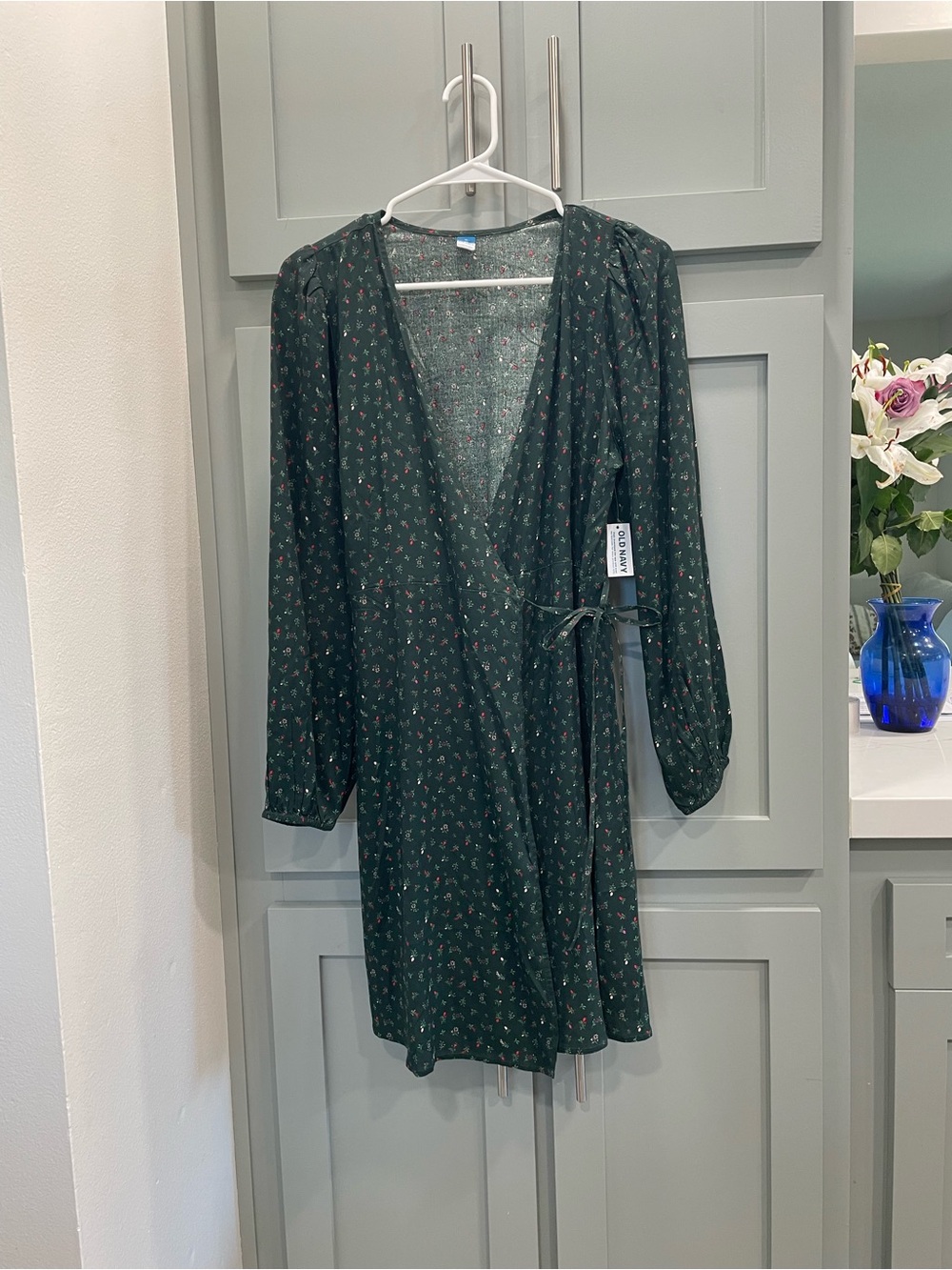 Old Navy Dark Green Floral Wrap Dress